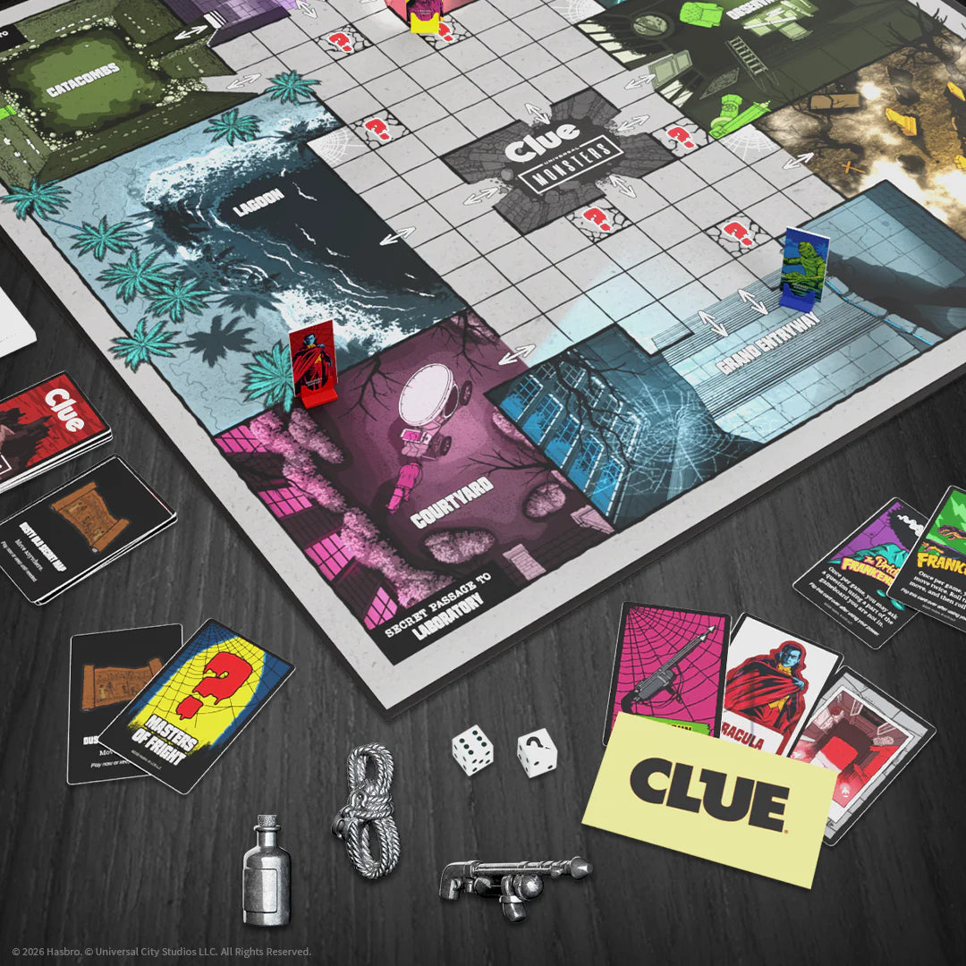 Clue: Mystery Board Game set displayed on a dark wooden tabletop, showing the board, cards, dice, bottle, and accessories arranged around it. - Games - Board Games - Clue