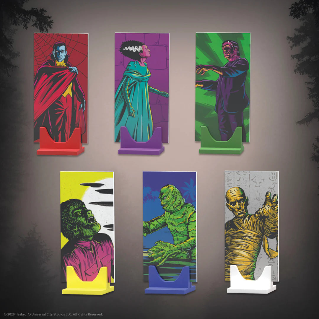 Set of colorful character standees featuring Dracula, The Bride, Frankenstein, The Wolf Man, Gill-Man, and the Mummy. - Games - Board Games - Clue