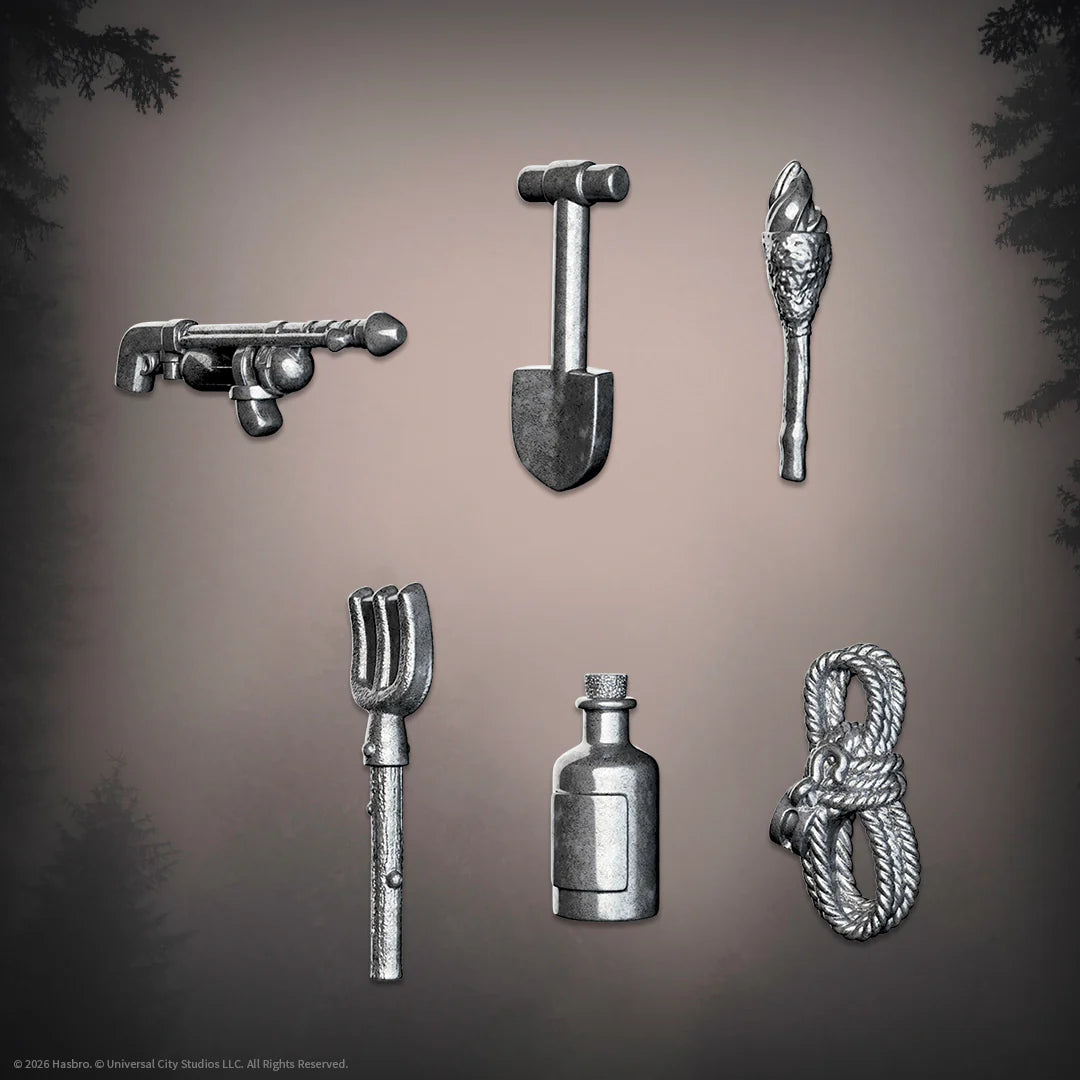 Six silver-toned fantasy-themed metal accessories arranged on a dark brown gradient background with subtle tree silhouettes in the corners: a sword hilt, a shovel, a torch, a pitchfork, a bottle, and a rope. - Games - Board Games - Clue
