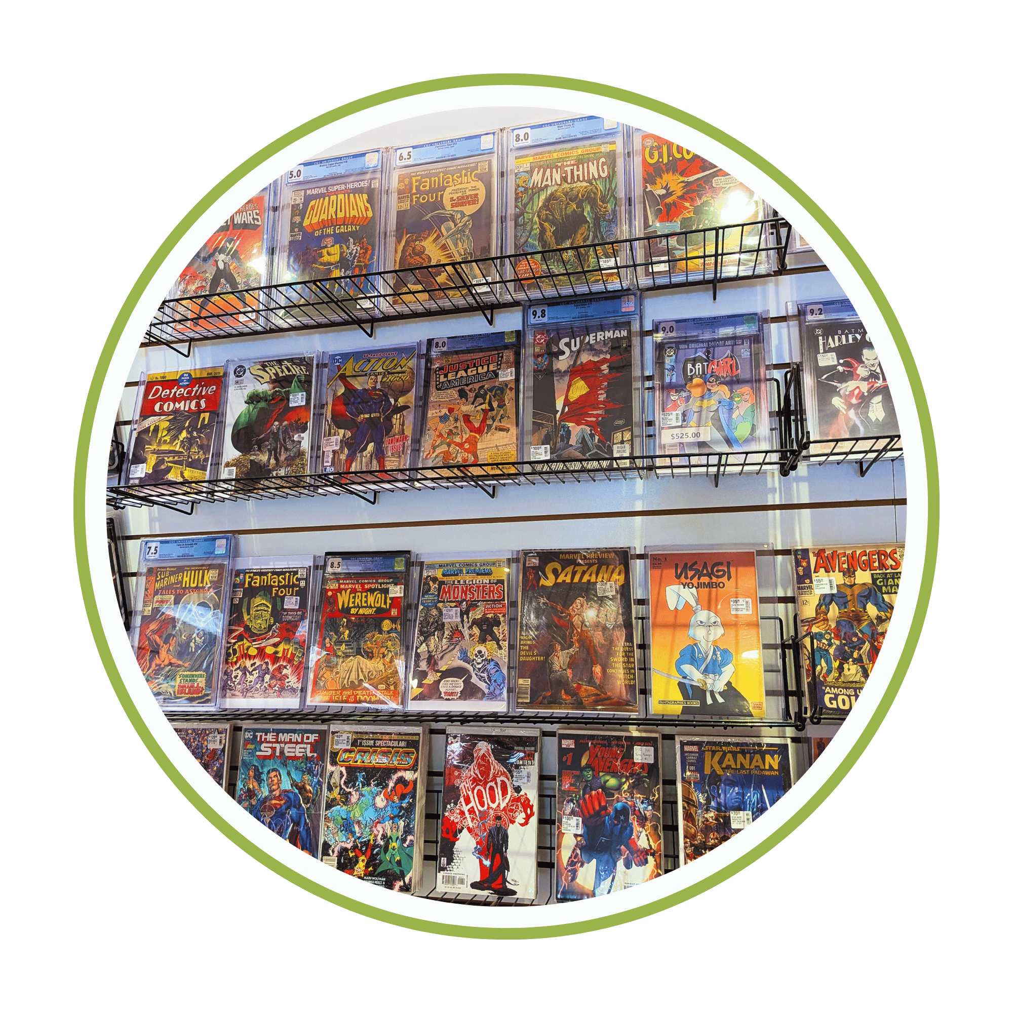 Comic book collection on a metal rack against a white wall.
