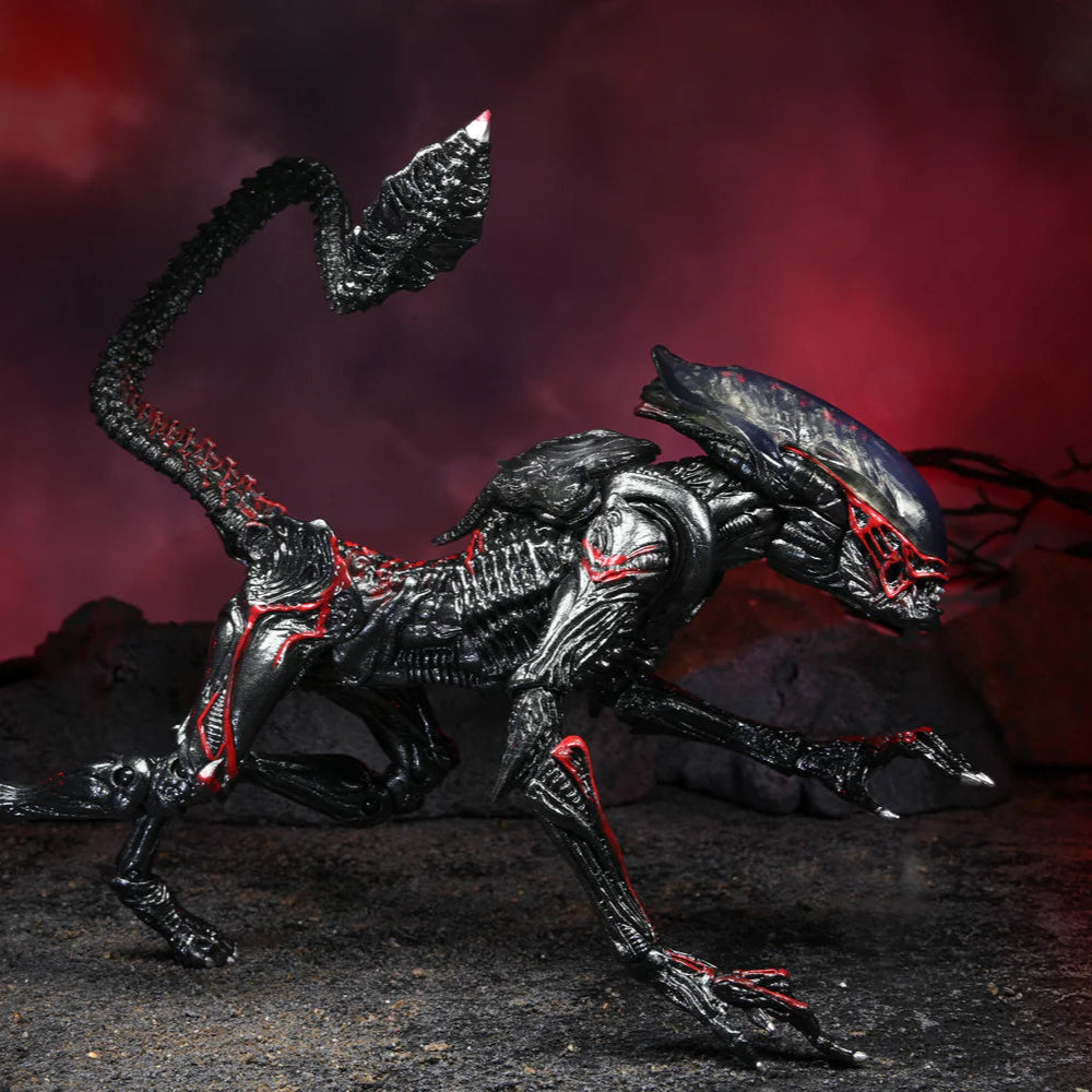 Monster-like creature with red accents on a dark, smoky background