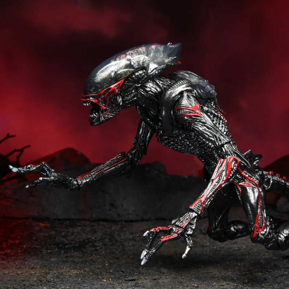 Alien-like creature with red accents against a dark, otherworldly landscape