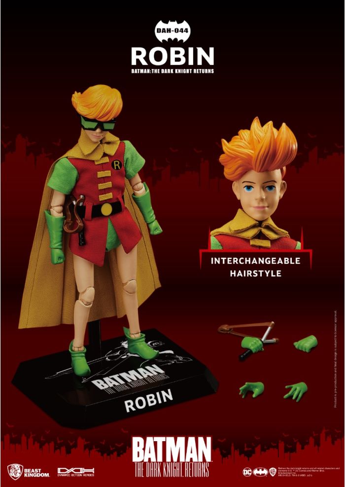 Action figure of Robin from Batman with interchangeable hairstyle on a dark background - Action Figures - DC Comics