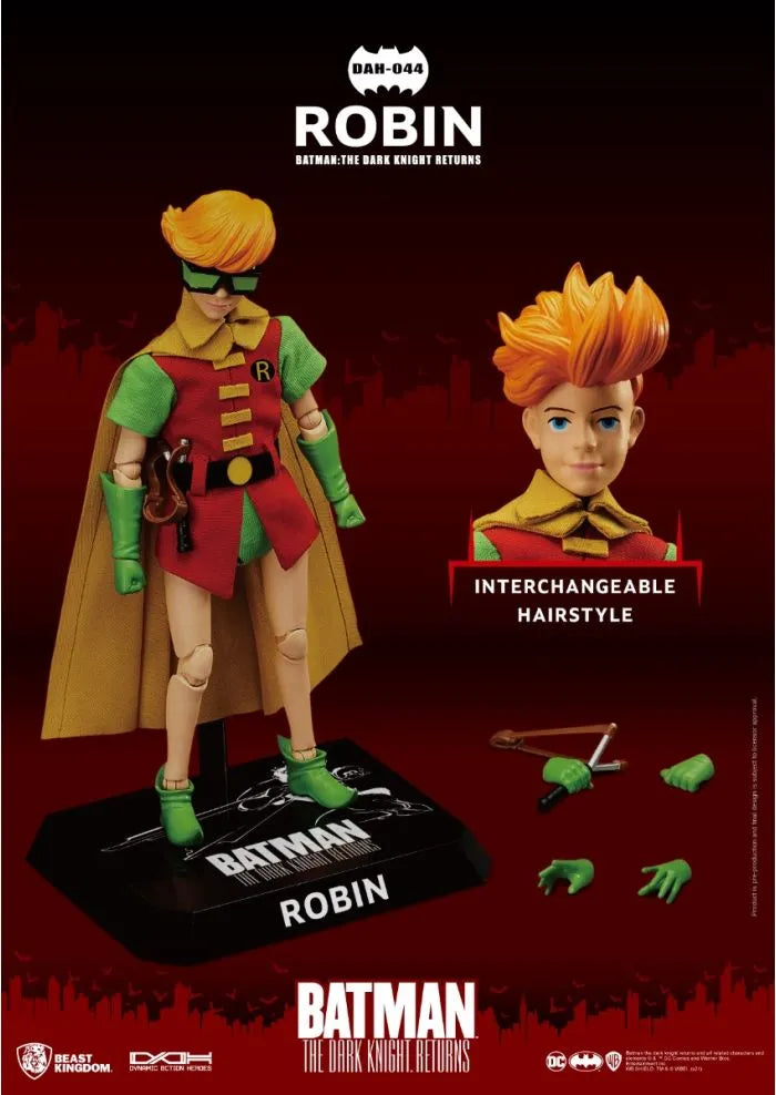 Action figure of Robin from Batman with interchangeable hairstyle on a dark background