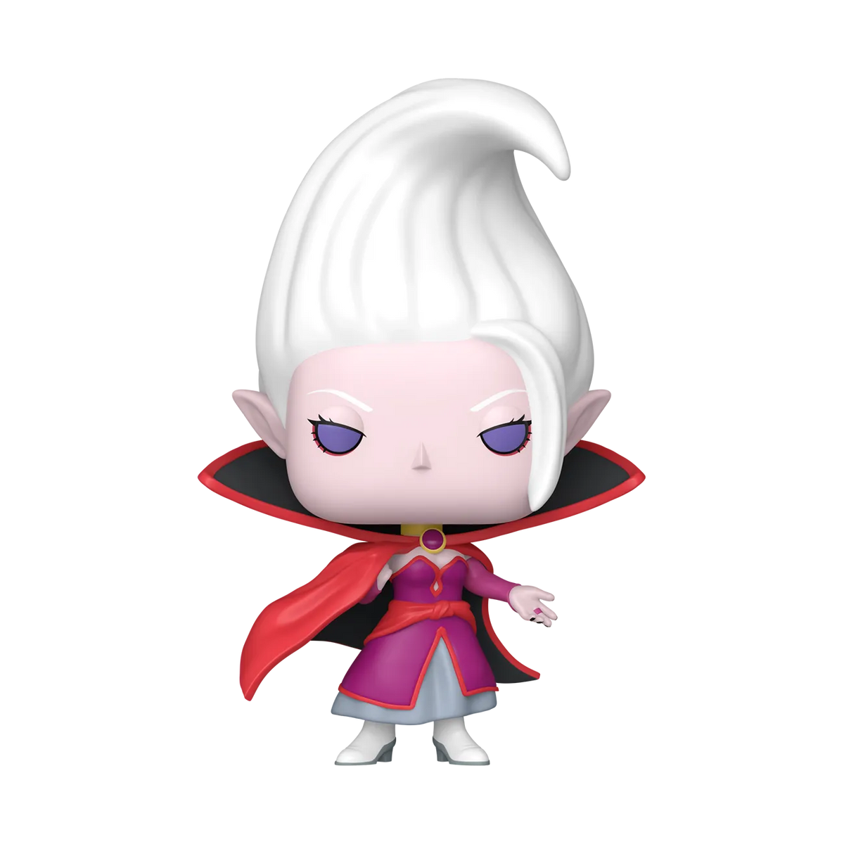 Animated character with white hair and purple eyes wearing a red and black outfit on a white background