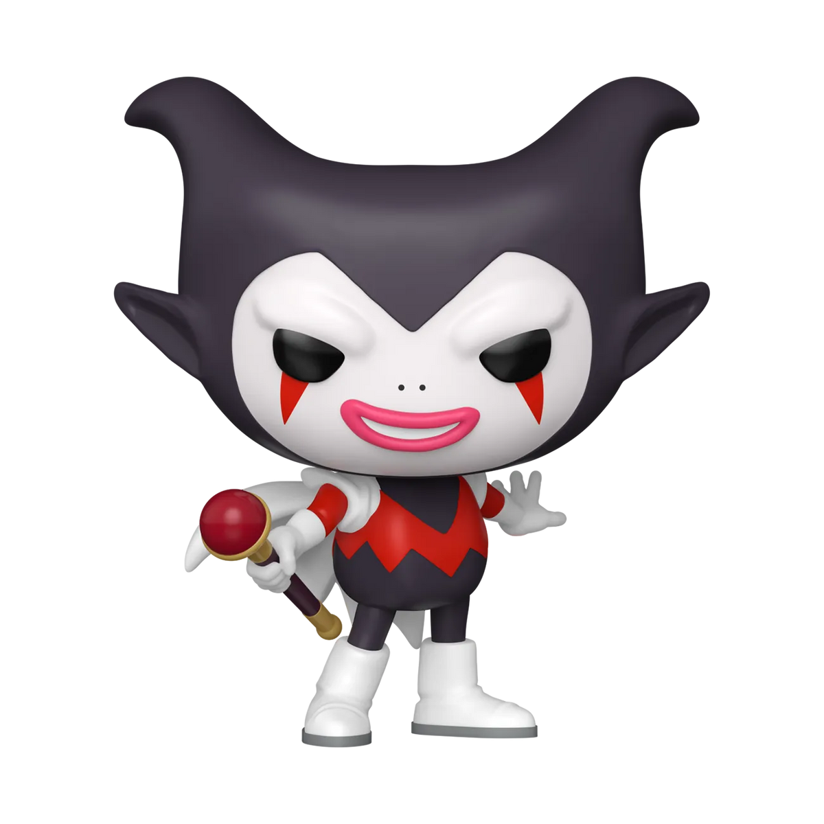 Animated character with a dark hat, red and white outfit, and a red object on a white background