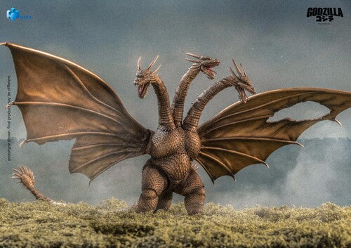 King Ghidorah with multiple heads and wings on a grassy field with a cloudy sky. - Action Figures - Movies - Godzilla & Kong