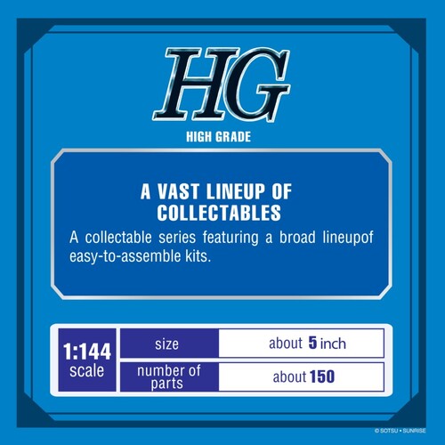 Blue promotional card for High Grade Gunpla kits with text and scale information. - Model Kits
