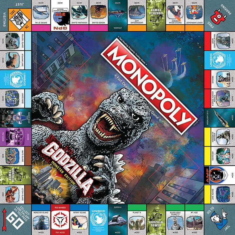 Godzilla Monopoly board game board featuring a large Godzilla illustration in the center.