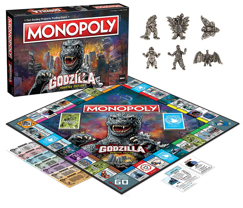 Monopoly Godzilla board game set with board, pieces, and packaging on a white background