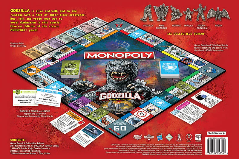 Godzilla Monopoly game board and components displayed on a red background, showing the main board, play money, cards, and collectible tokens.