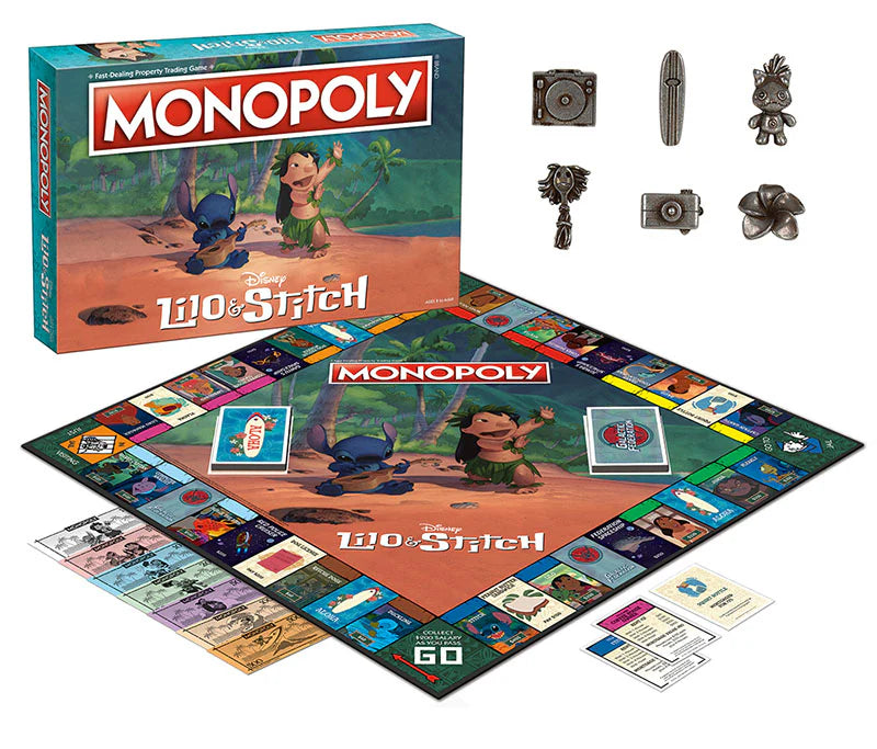 Monopoly Lilo & Stitch board game set with board, pieces, and packaging.