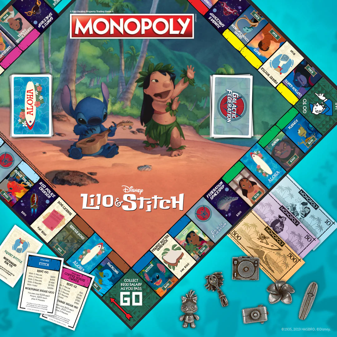 Monopoly board game set with Lilo & Stitch theme on a blue background