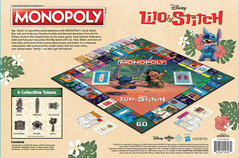 The back of a Monopoly Lilo & Stitch trading card game box, showing the board layout, collectible tokens, and character art of Lilo and Stitch on a beige tropical leaf background.