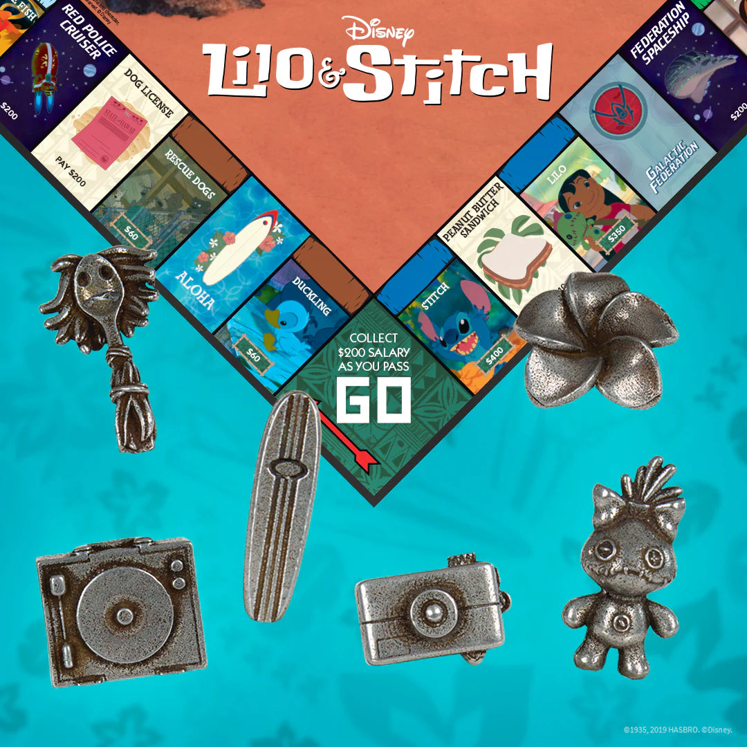 Lilo & Stitch board game pieces (Surf Board, Record Player, Camera, Flower, and Stuffed animal) and characters on a blue background