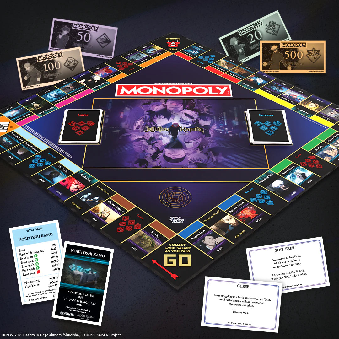 Jujutsu Kaisen-themed Monopoly game board with cards on a dark background - Games - Board Games - Monopoly