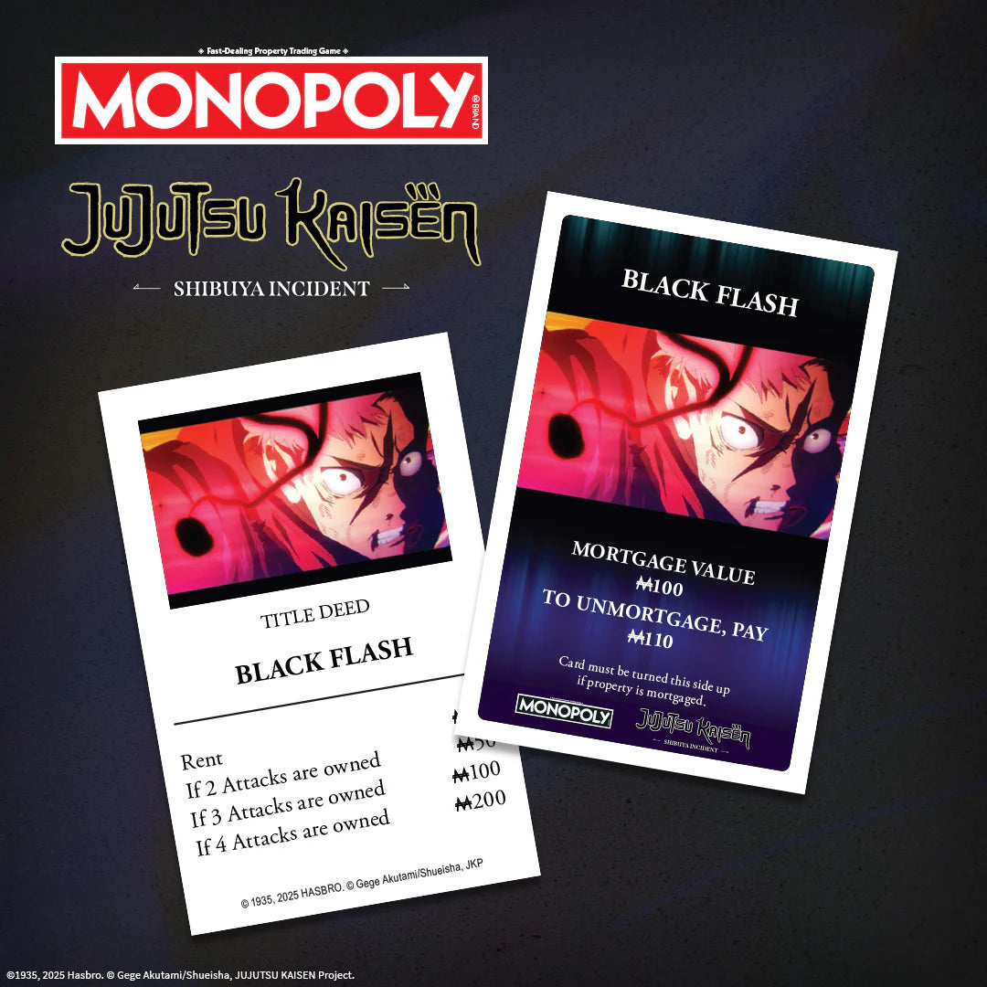 Monopoly game cards featuring 'Jujutsu Kaisen' theme on a dark background - Games - Board Games - Monopoly