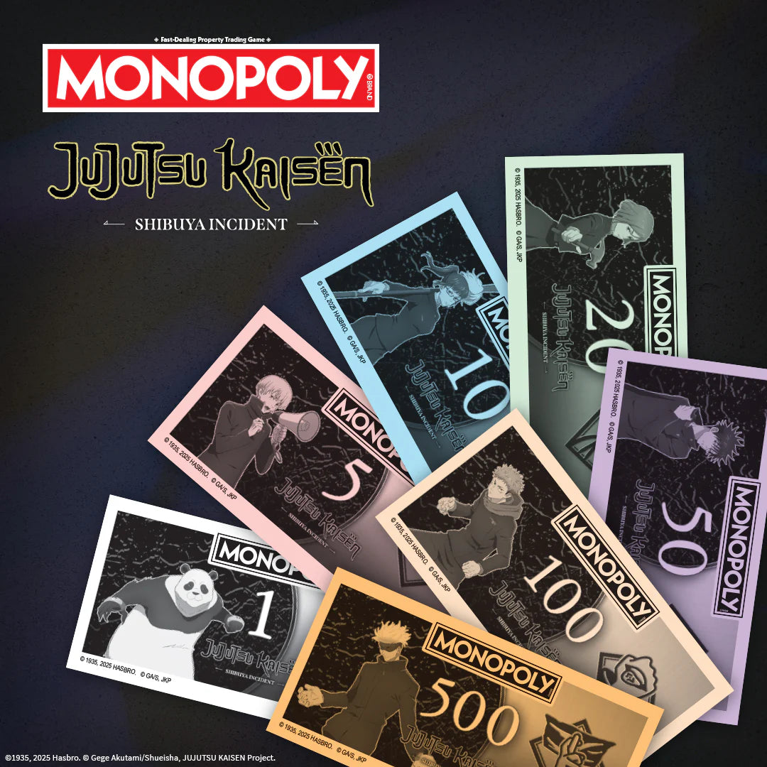 Monopoly Jujutsu Kaisen game pieces with character illustrations on a dark background - Games - Board Games - Monopoly