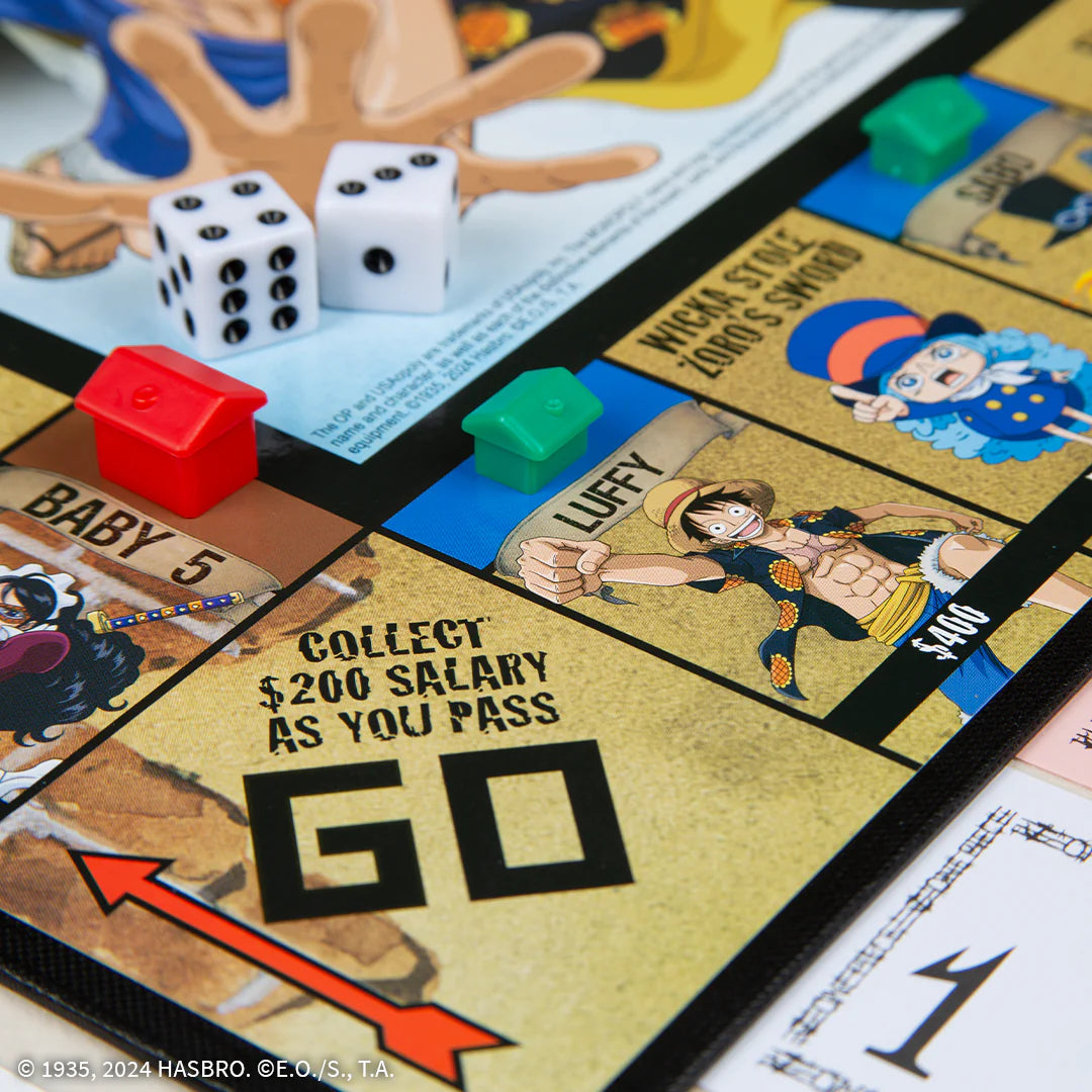 Close-up of a Monopoly board game with character cards and dice