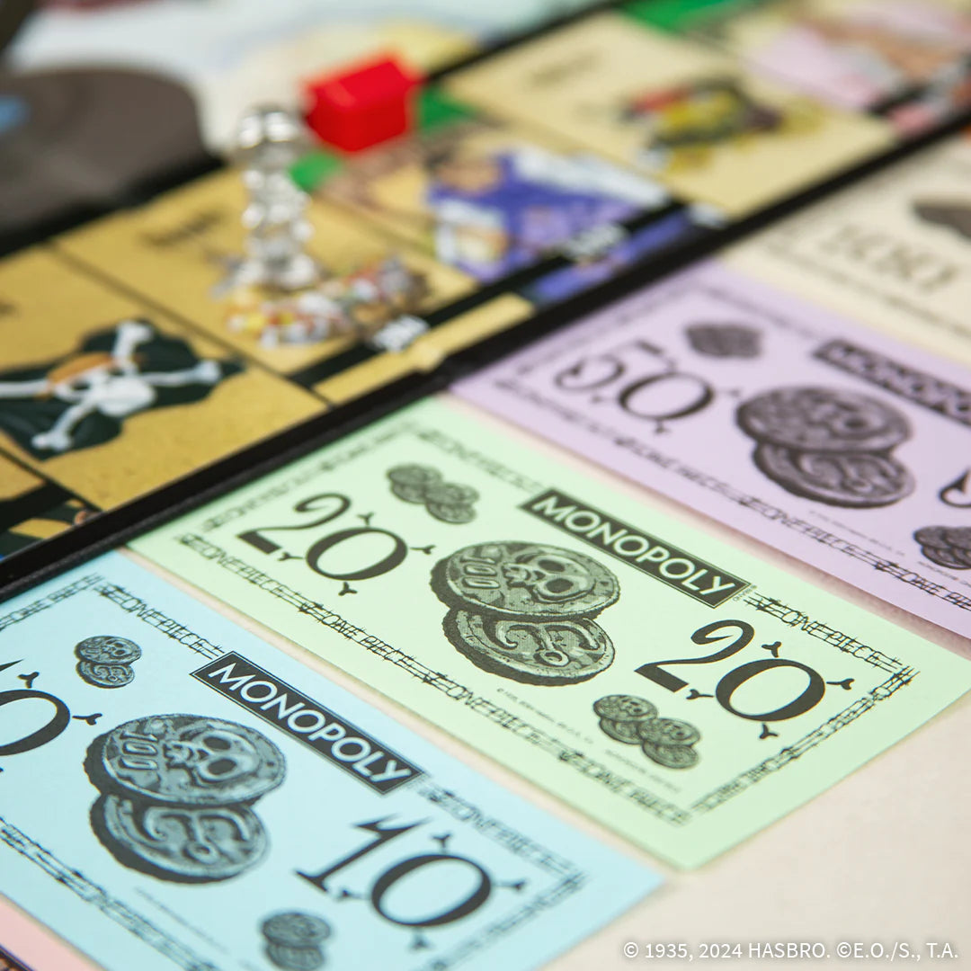 Close-up of Monopoly money and game pieces on a board