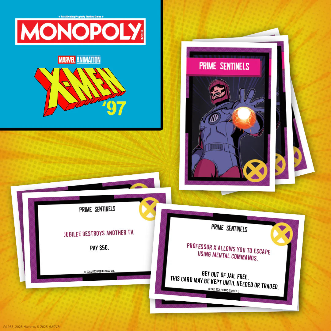 Monopoly x Marvel Animation X-Men '97 Monopoly Game card and several X-Men themed cards on a yellow comic-style background. - Games - Board Games - Monopoly