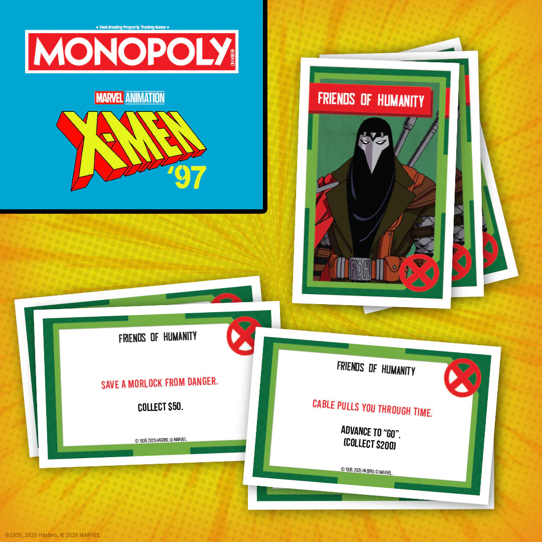 Monopoly x Marvel Animation X-Men '97 trading card set displayed on a yellow comic-style background, showing the branded box cover and several cards featuring the character X-Cutioner. - Games - Board Games - Monopoly