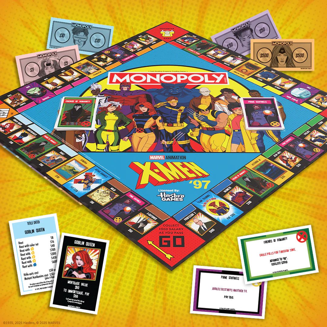 Marvel's X-Men themed Monopoly board game set displayed on a bright yellow background, with the game board, play cards, and property cards arranged around it. - Games - Board Games - Monopoly