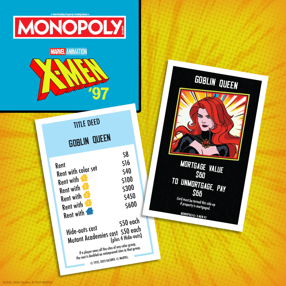 A Monopoly-style trading card set featuring Marvel Animation's X-Men '97 'Goblin Queen' card. The set includes a blue Monopoly logo card, a black Goblin Queen property card with red-haired character art, and a light blue title deed card with rent values, all arranged on a yellow patterned background. - Games - Board Games - Monopoly