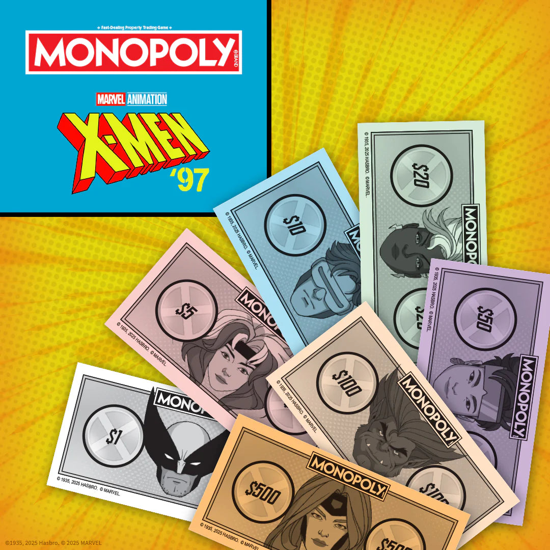 Marvel Animation X-Men '97 Monopoly game board and play money set on a yellow halftone background. The Money features X-Men character artwork. - Games - Board Games - Monopoly