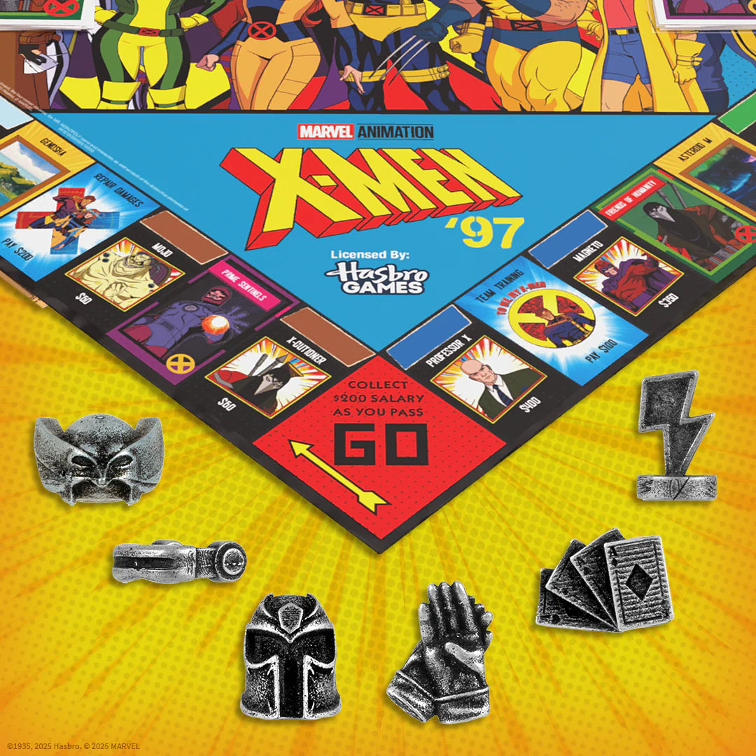 Marvel Animation X-Men '97 board game set displayed on a yellow comic-style background, with the game board, play cards, and silver character pieces arranged around it. - Games - Board Games - Monopoly