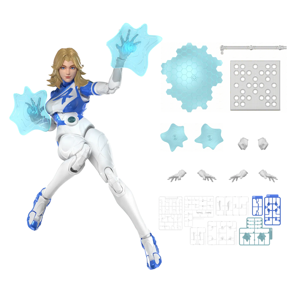 Completed Invisible Woman Model Kit shown next to parts on sprues. - Model Kits