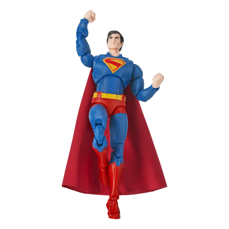 Completed Superman model kit in blue suit with red cape on a white background - Model Kits