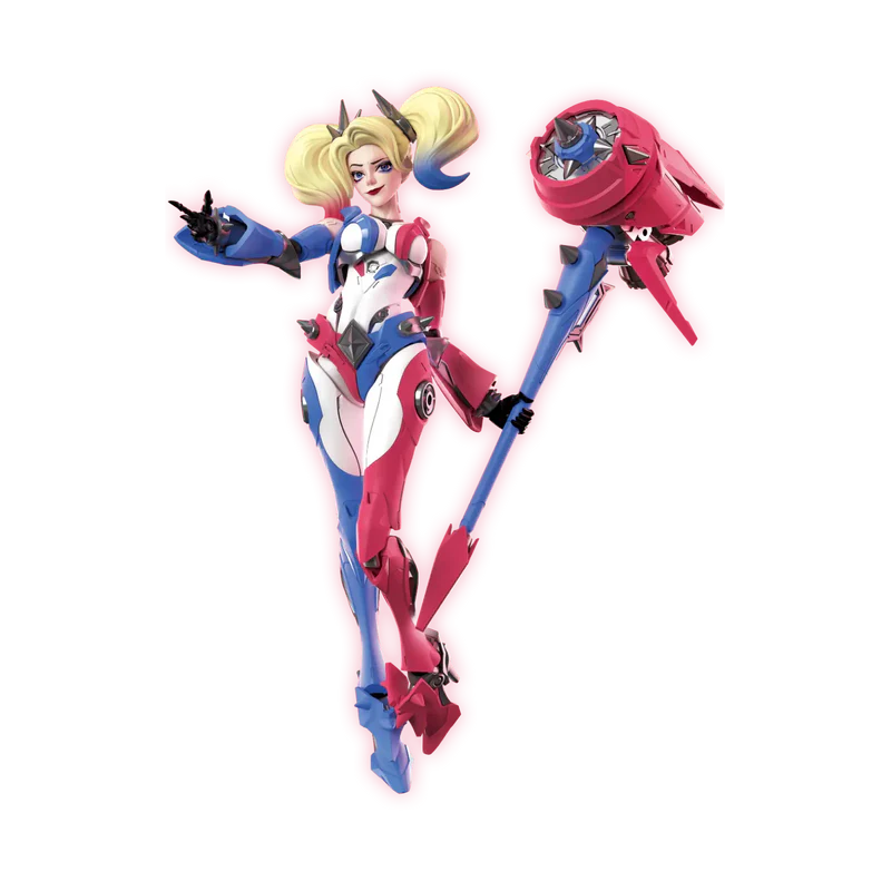 Completed Model kit of Harley Quinn in high tech red, white and blue armor with a red and blue mallet. - Model Kits