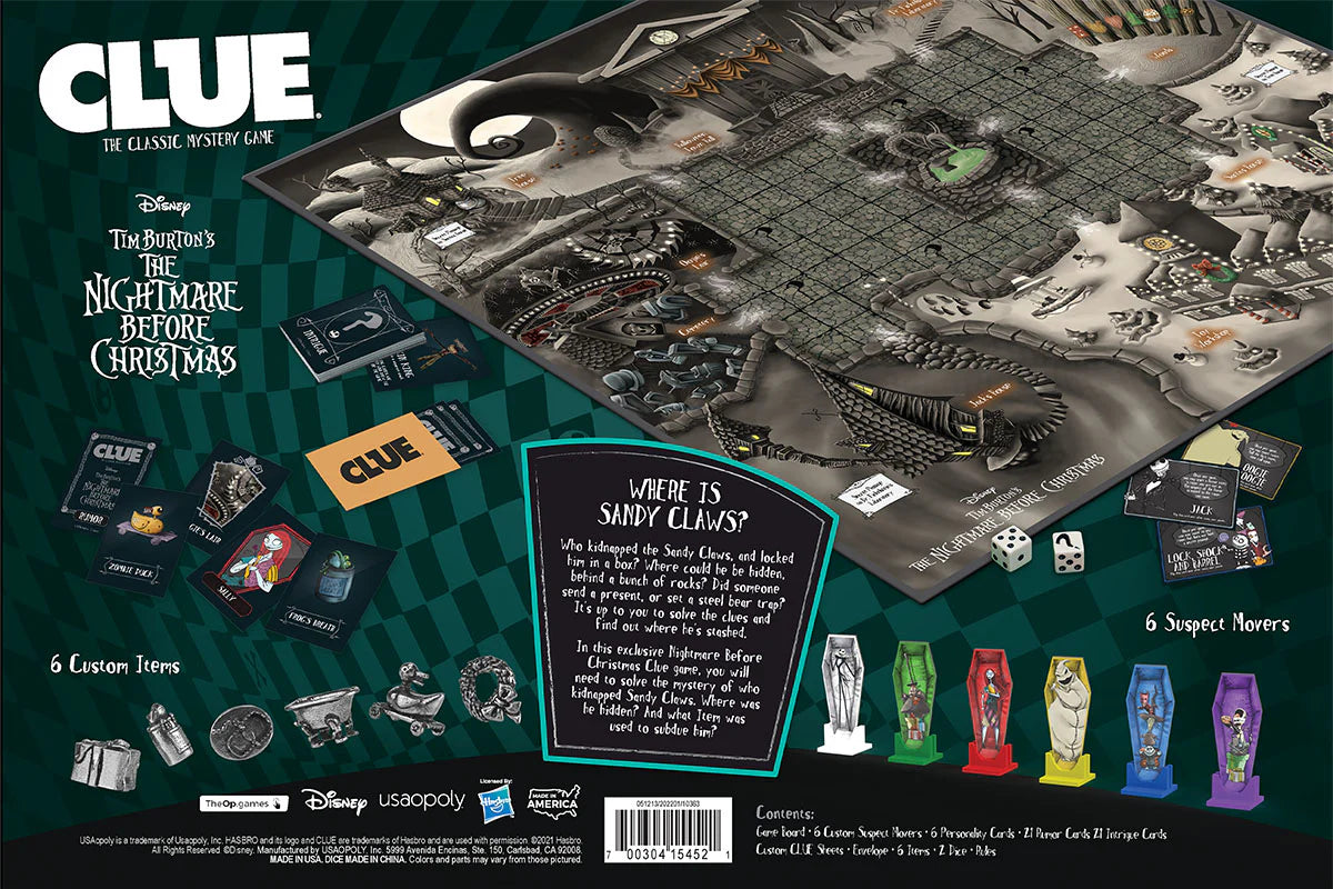 Clue: The Classic Mystery Game board game box back cover featuring a detailed illustrated game board, product components, character cards, and branding on a dark green patterned background.