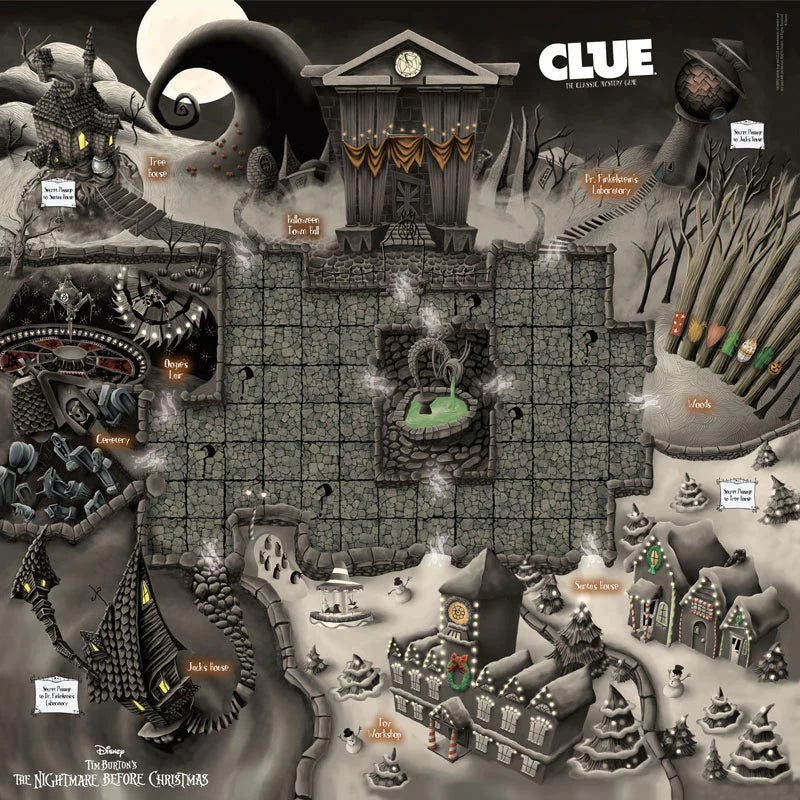 A themed board game map for 'Clue' based on Disney's The Nightmare Before Christmas, featuring illustrated scenes of Jack Skellington's castle, the Santa Claws village, and the Mystery Lake with clues placed throughout.