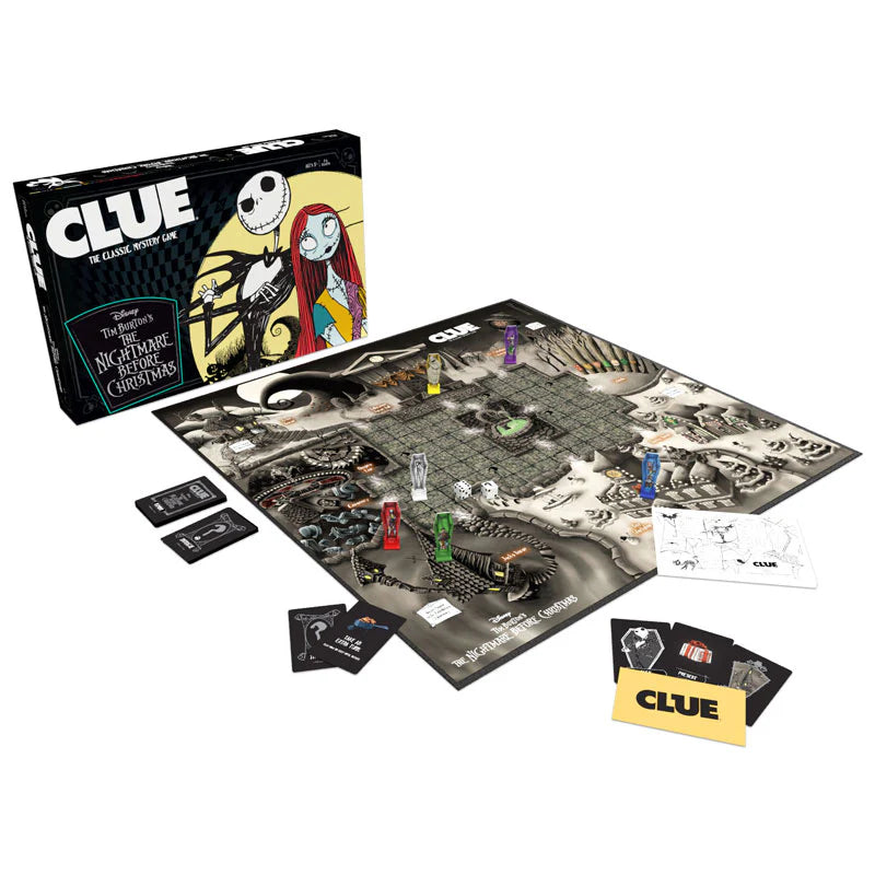 Clue: Disney's The Nightmare Before Christmas board game set, showing the illustrated game box, the board, cards, and player tokens on a plain white background.