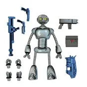 Toy robot figure with multiple parts on a white background