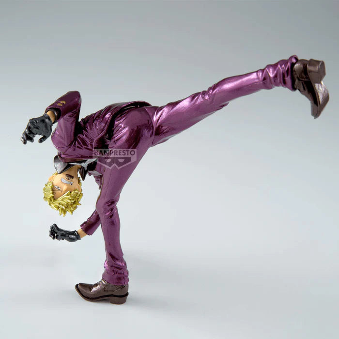 Action figure in a dynamic pose wearing a purple outfit on a gray background