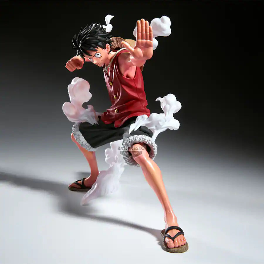 Action figure of Monkey D. Luffy in dynamic pose with smoke effects on a dark background - Action Figures - Anime - One Piece