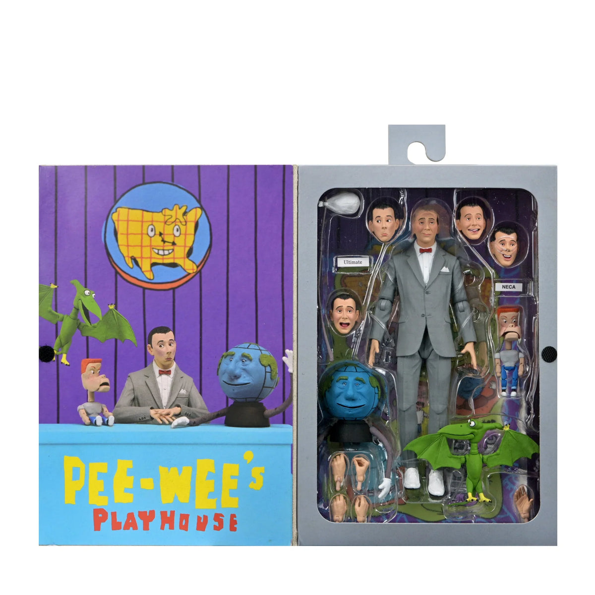 NECA Ultimate Pee-wee Herman figure in window box with interchangeable heads, hands, and Playhouse pals Randy, Globey, and Pterri.