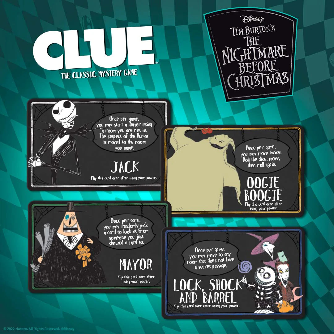 A themed Clue game board set featuring four character cards with Jack Skellington, Sally, Mayor, and Oogie Boogie, alongside the Disney Tim Burton's The Nightmare Before Christmas logo and the Clue brand logo on a teal patterned background.