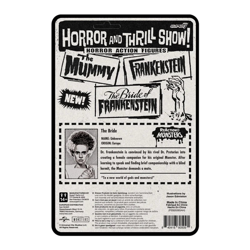 Package for horror action figures featuring The Mummy, Frankenstein, and The Bride of Frankenstein, with a dossier for the Bride - Action Figures - Horror