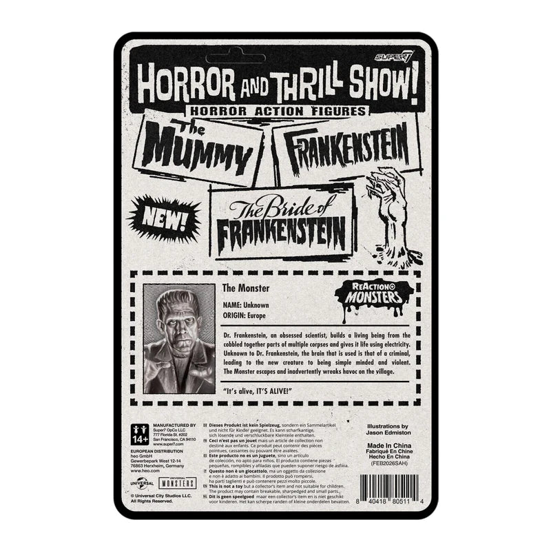 Packaging for horror action figures featuring The Mummy, Frankenstein, and The Bride of Frankenstein, with a dossier for Frankenstein's monster - Action Figures - Horror