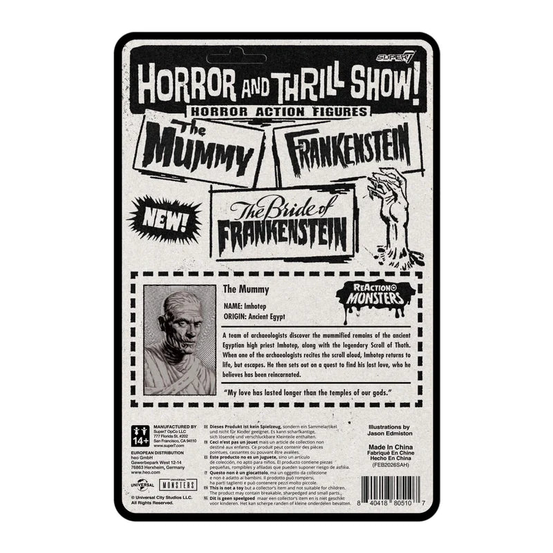 Back packaging card for a horror action figure set of 'The Mummy' with product details, character information, and a barcode. - Action Figures - Horror