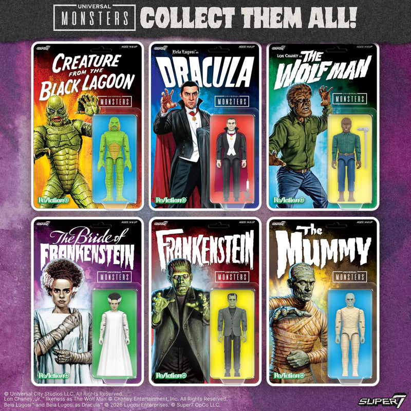 Collection of Universal Monsters action figures with packaging on a purple background. - Action Figures - Horror