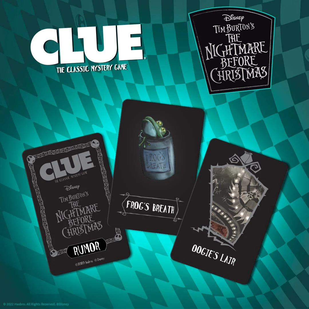 Clue game cards featuring 'The Nightmare Before Christmas' theme on a checkered background