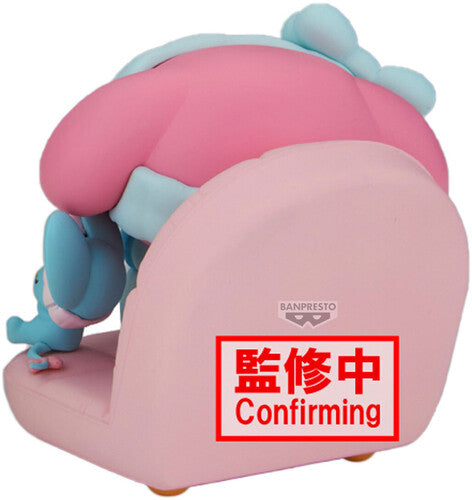 Alternate view of My Melody and Flat relaxing together on a rounded pink couch.