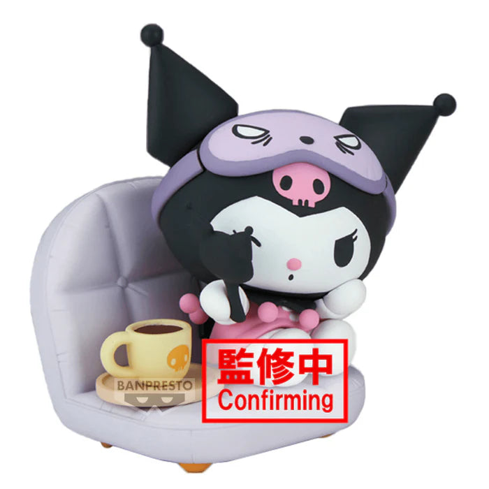 Kuromi Relaxing Time at Home figure holding a black hand mirror with a sleep mask above her eyes.