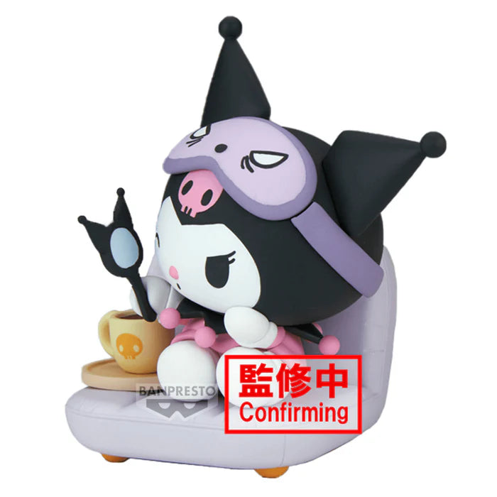 Side view of the Kuromi Nakayoshi Memories figure seated in a tufted lavender chair.
