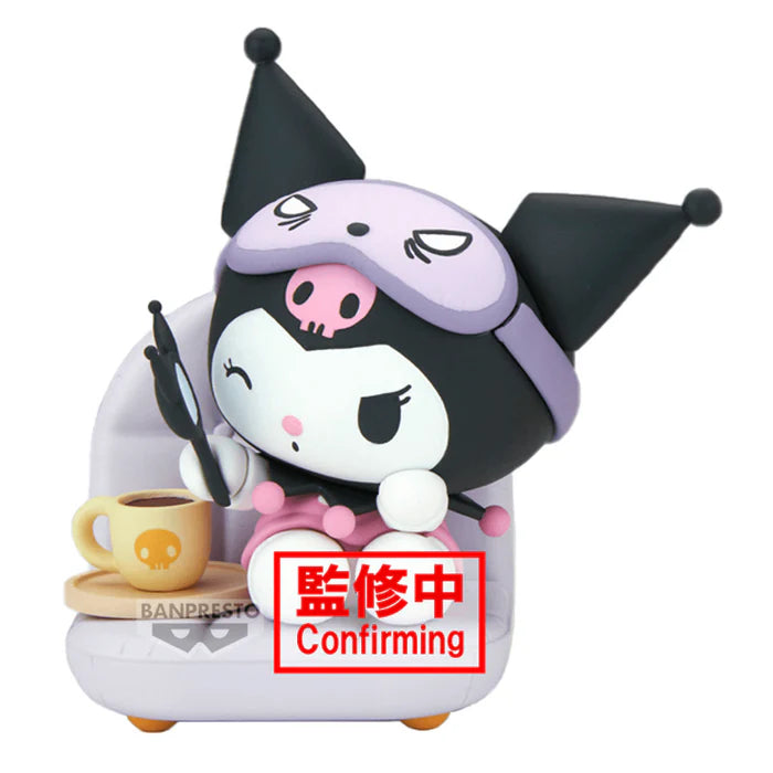 Sanrio Kuromi Nakayoshi Memories figure relaxing in a lavender armchair with a jester cap mirror and skull mug.